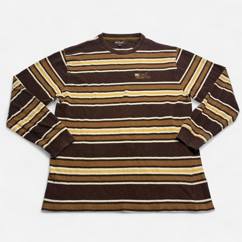 Vintage Y2K Ecko Unltd Brown Striped Thermal Long Sleeve Shirt XL